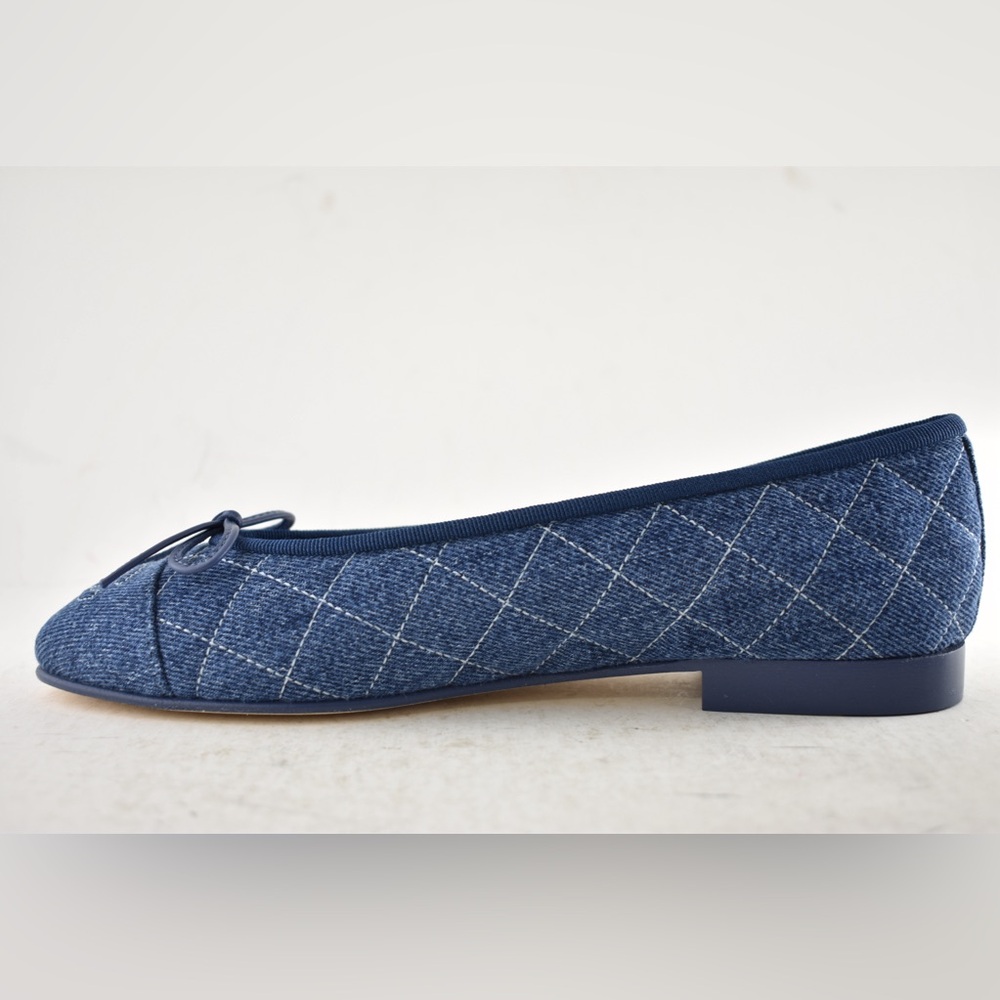 Chanel 26P Washed Denim Blue Quilted CC Logo Bow Tie Ballet Ballerina Flat 37.5 - Picture 13 of 16